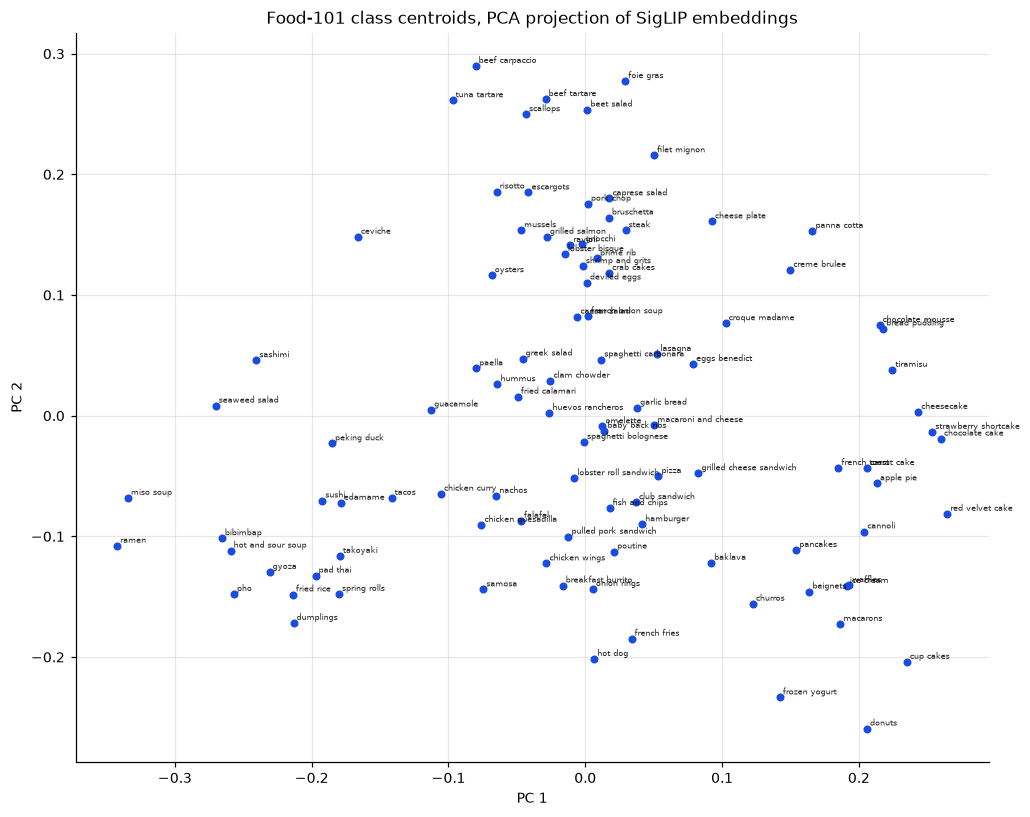 PCA projection of the 101 class centroids, labelled
